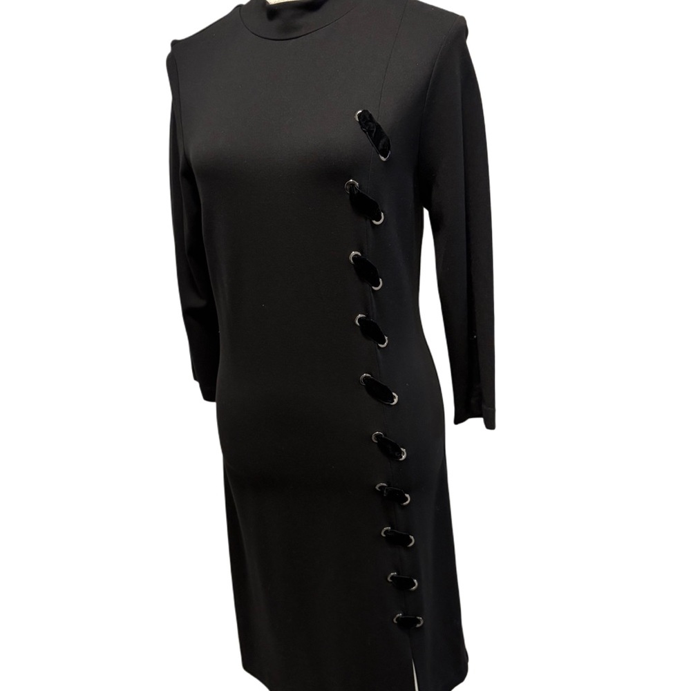 Carre Noir Black Sheath Midi Dress with Mock Neck, Ribbon and Long Sleeves